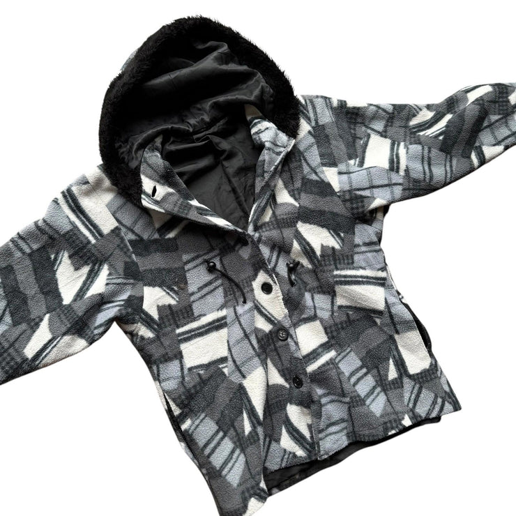 VTG Grey Geometric Pattern Fleece Hooded Jacket Size Medium