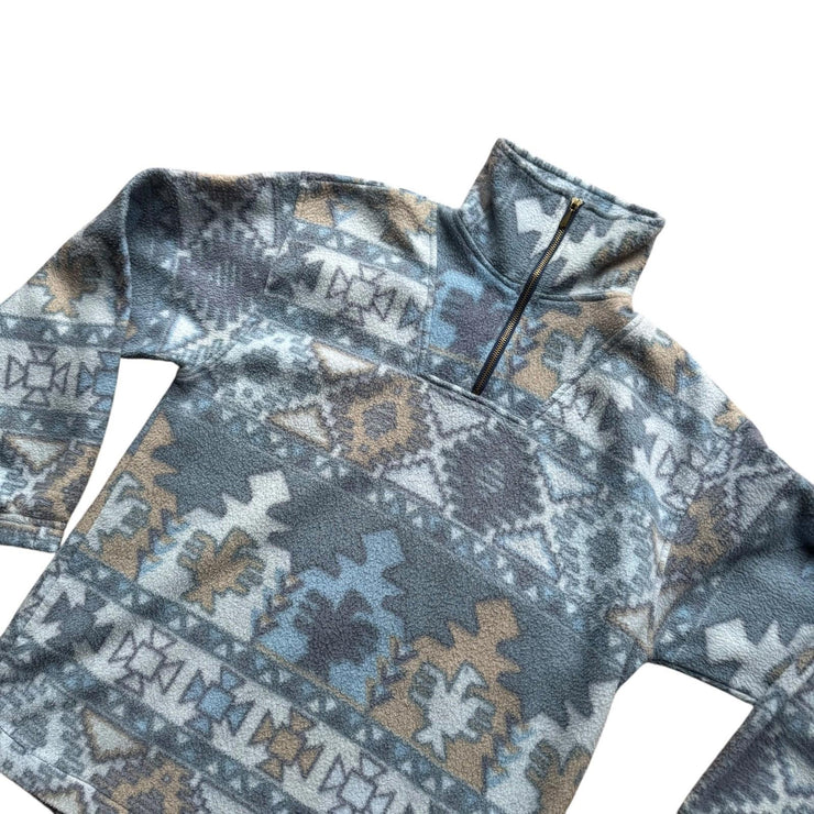 90s Blue Quarter Zip Crazy Pattern Abstract Fleece Pullover Jacket Size Small
