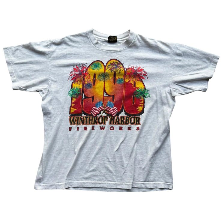 VTG 1996 Fireworks Display White Single Stitch Graphic T-Shirt Size XL