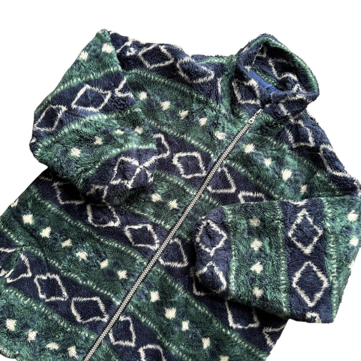VTG Green Chunky Thick Colourful Pattern Fleece Full Zip Jacket Size XL