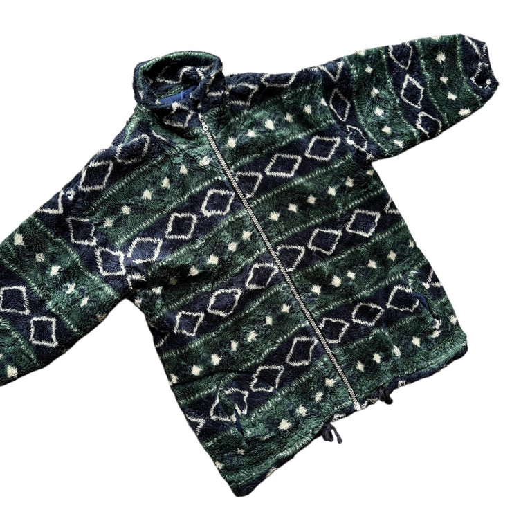 VTG Green Chunky Thick Colourful Pattern Fleece Full Zip Jacket Size XL