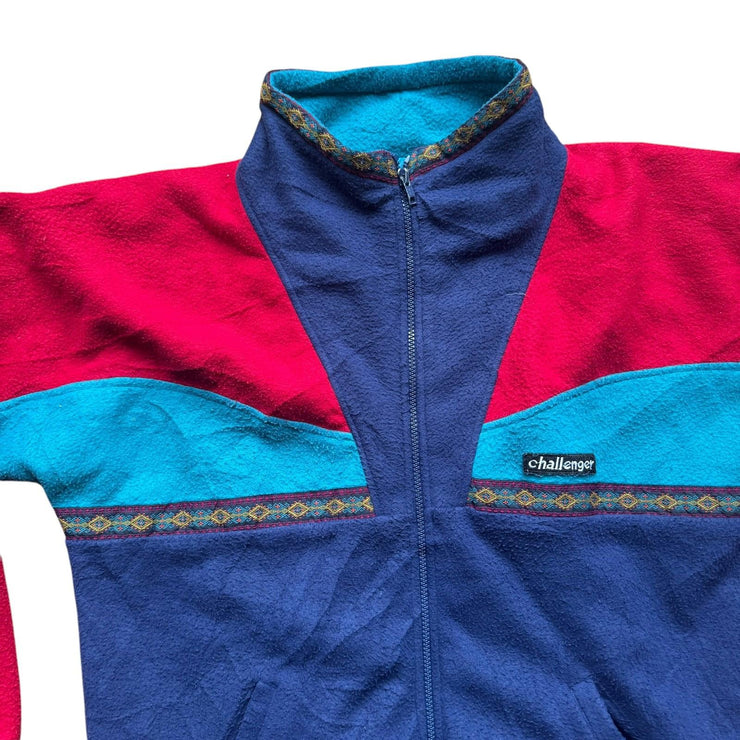 Vintage Challenger Fleece Jacket 90s Colourblock Aztec Red Blue Size Medium