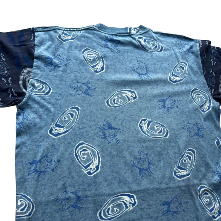VTG Gymansium Made in Italy All Over Print Blue Surfer Piranha T-Shirt Large