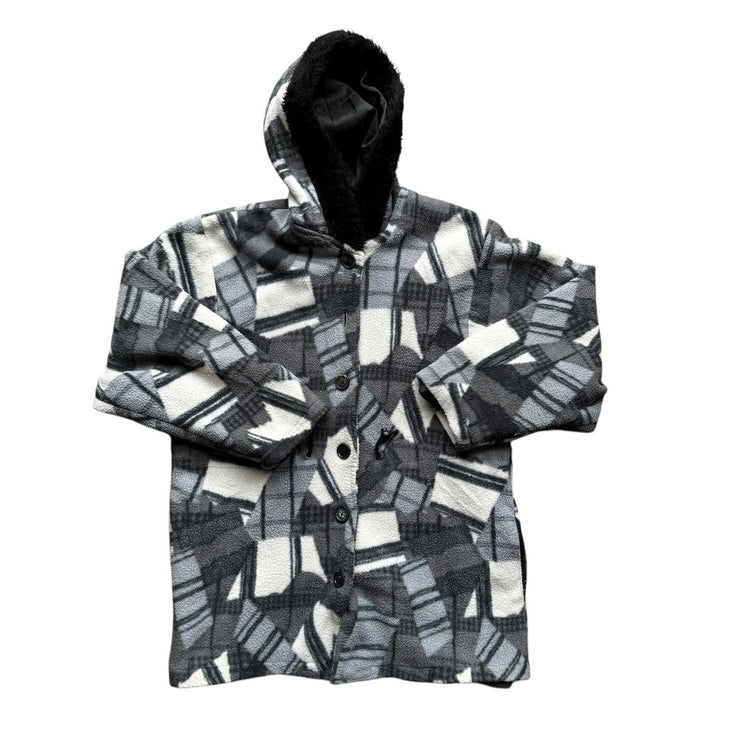 VTG Grey Geometric Pattern Fleece Hooded Jacket Size Medium