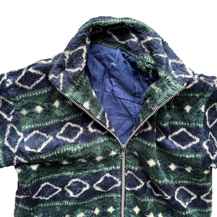 VTG Green Chunky Thick Colourful Pattern Fleece Full Zip Jacket Size XL