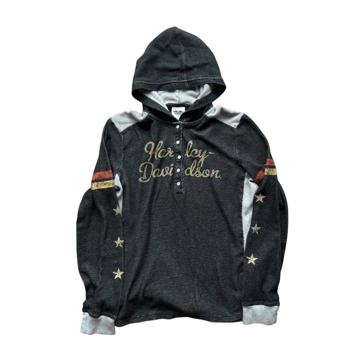 Y2K Harley Davidson Bedazzled Biker Snap Button Hoodie Size Women&