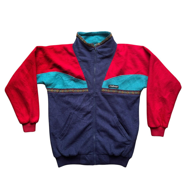 Vintage Challenger Fleece Jacket 90s Colourblock Aztec Red Blue Size Medium