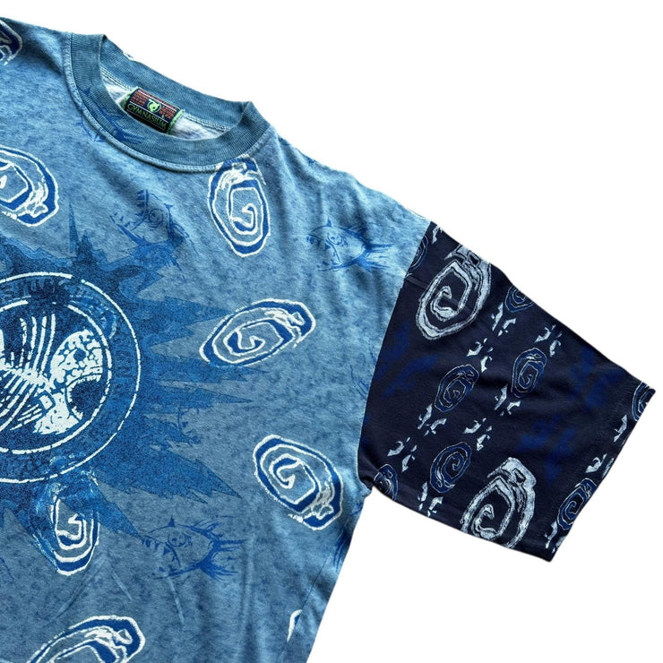 VTG Gymansium Made in Italy All Over Print Blue Surfer Piranha T-Shirt Large