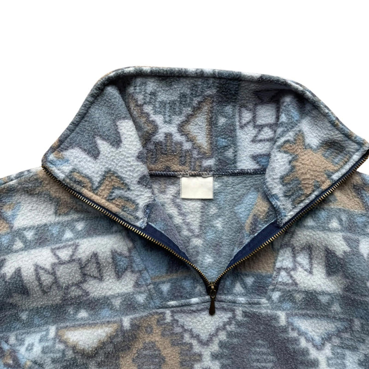 90s Blue Quarter Zip Crazy Pattern Abstract Fleece Pullover Jacket Size Small