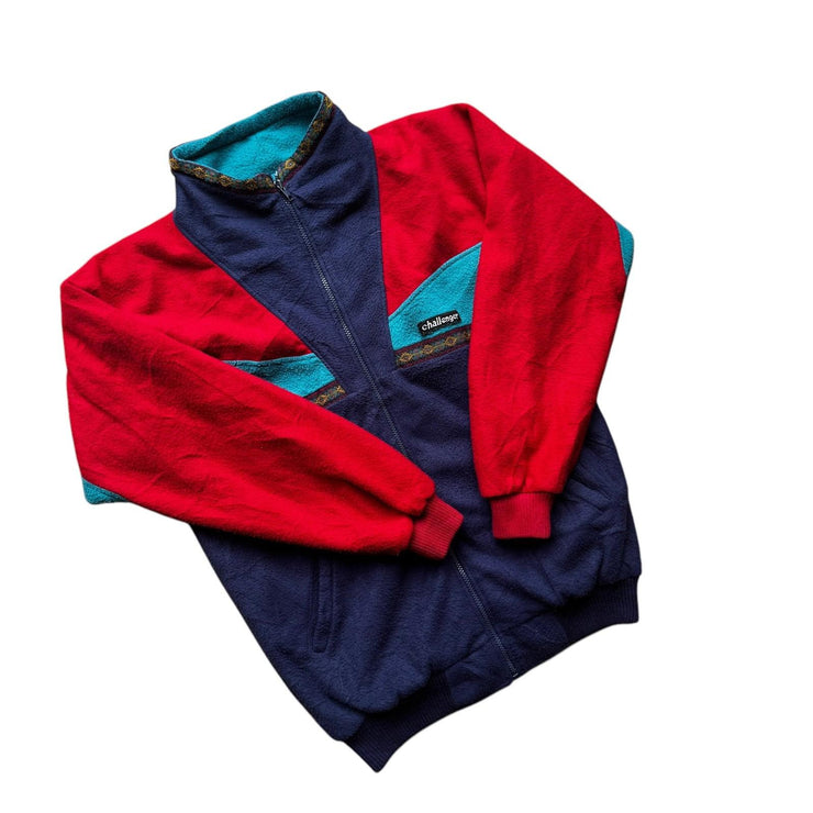 Vintage Challenger Fleece Jacket 90s Colourblock Aztec Red Blue Size Medium