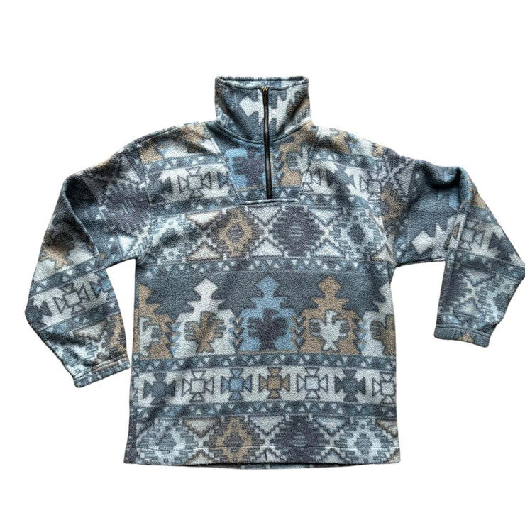 90s Blue Quarter Zip Crazy Pattern Abstract Fleece Pullover Jacket Size Small