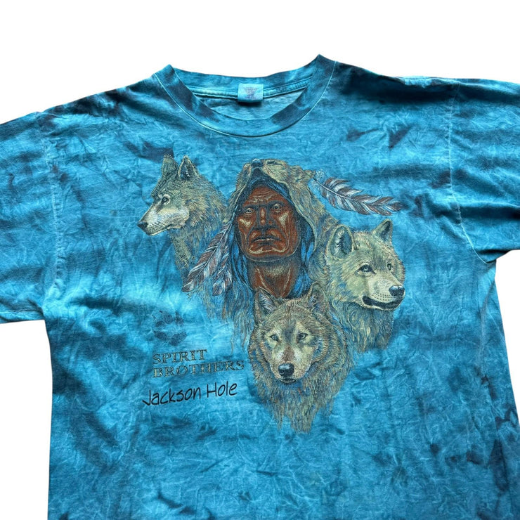 VTG Sprit Brother Wolf Shirt Tie Dye Blue Wild Life Native Nature 80s/90s Sz XL