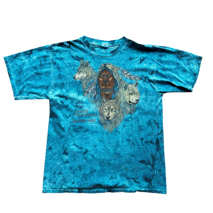 VTG Sprit Brother Wolf Shirt Tie Dye Blue Wild Life Native Nature 80s/90s Sz XL