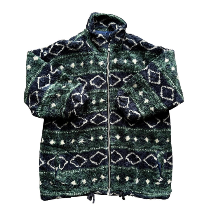 VTG Green Chunky Thick Colourful Pattern Fleece Full Zip Jacket Size XL