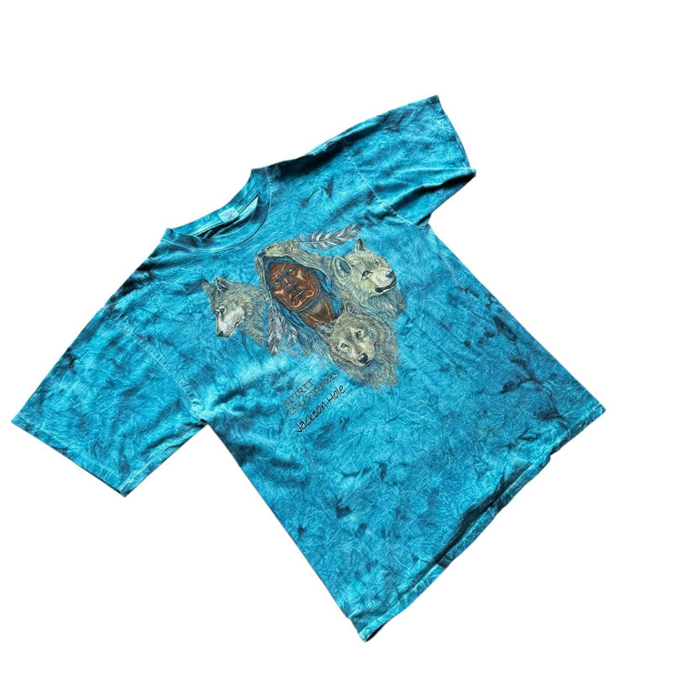 VTG Sprit Brother Wolf Shirt Tie Dye Blue Wild Life Native Nature 80s/90s Sz XL